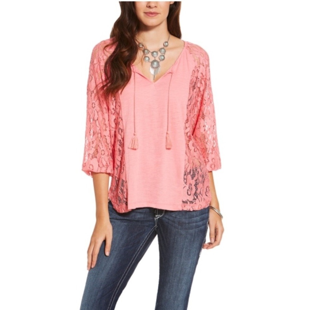 Ariat Women's Relentless Hannah Top  Pink Salmon Lace‎ Sides Tassels Size M